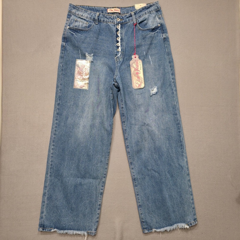Elite Women's Buttonfly Wide Leg Distressed Denim Blue Jeans Sz 17/18 Inseam 31